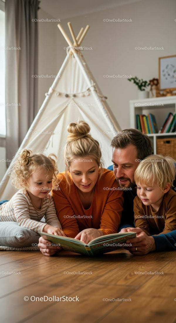 Family Bonding While Reading Together in Cozy Living Room