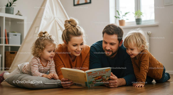 Family Enjoying a Cozy Storytime Together on the Floor