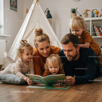 Happy Family Reading Together in Cozy Living Room