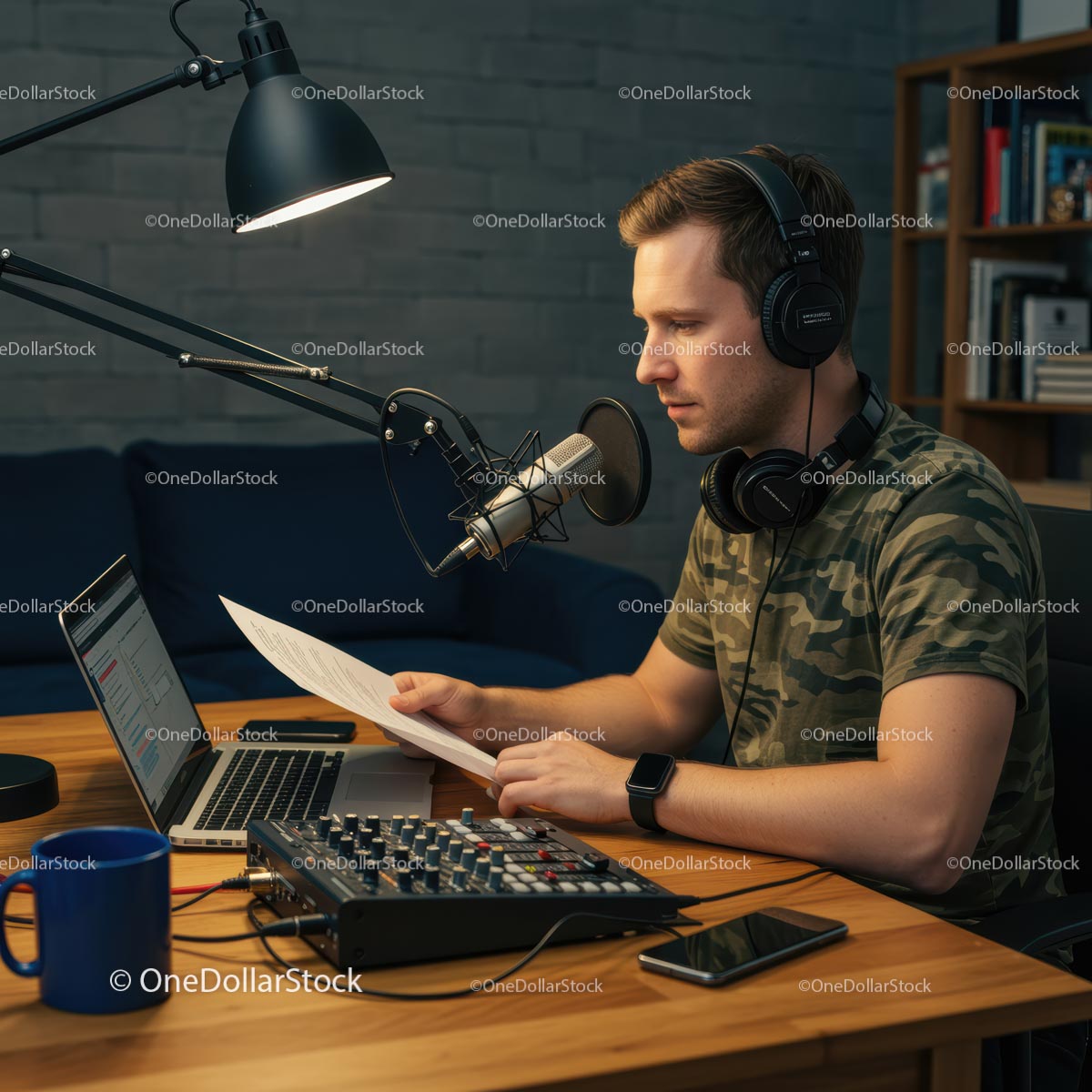 Man Recording Podcast in Home Studio with Professional Equipment