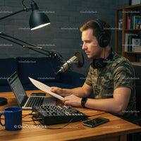 Man Recording Podcast in Home Studio with Professional Equipment