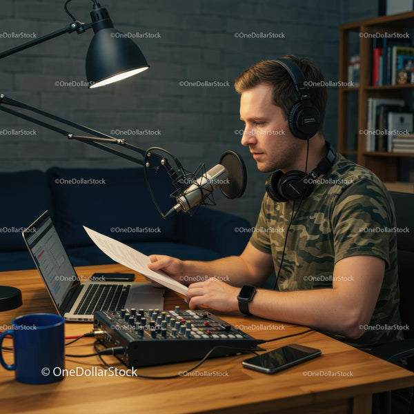 Man Recording Podcast in Home Studio with Professional Equipment