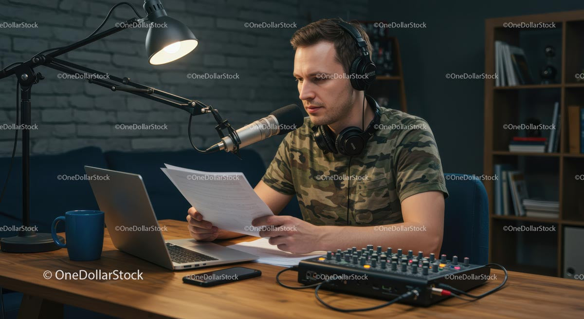 Man in Camo Shirt Recording Podcast in Professional Studio