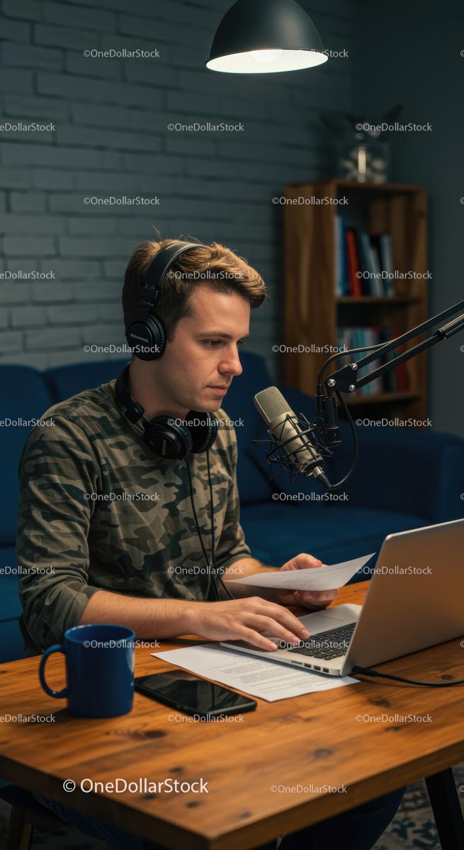 Focused Podcaster in Modern Recording Studio