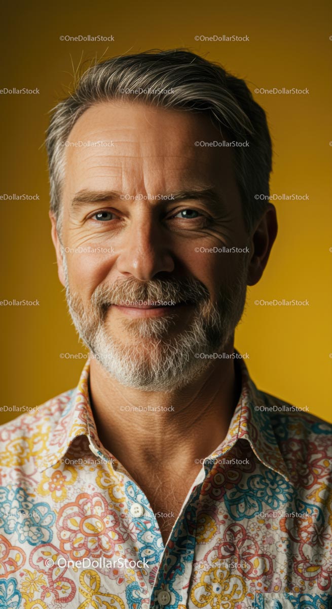 Smiling Mature Man in Floral Shirt on Yellow Background