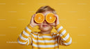 Playful Child Holding Orange Slices Against Yellow Background