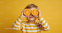 Playful Child Holding Orange Slices Against Yellow Background