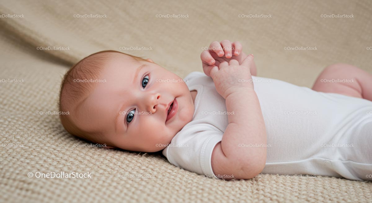 Adorable Baby in White Onesie on Soft Beige Background