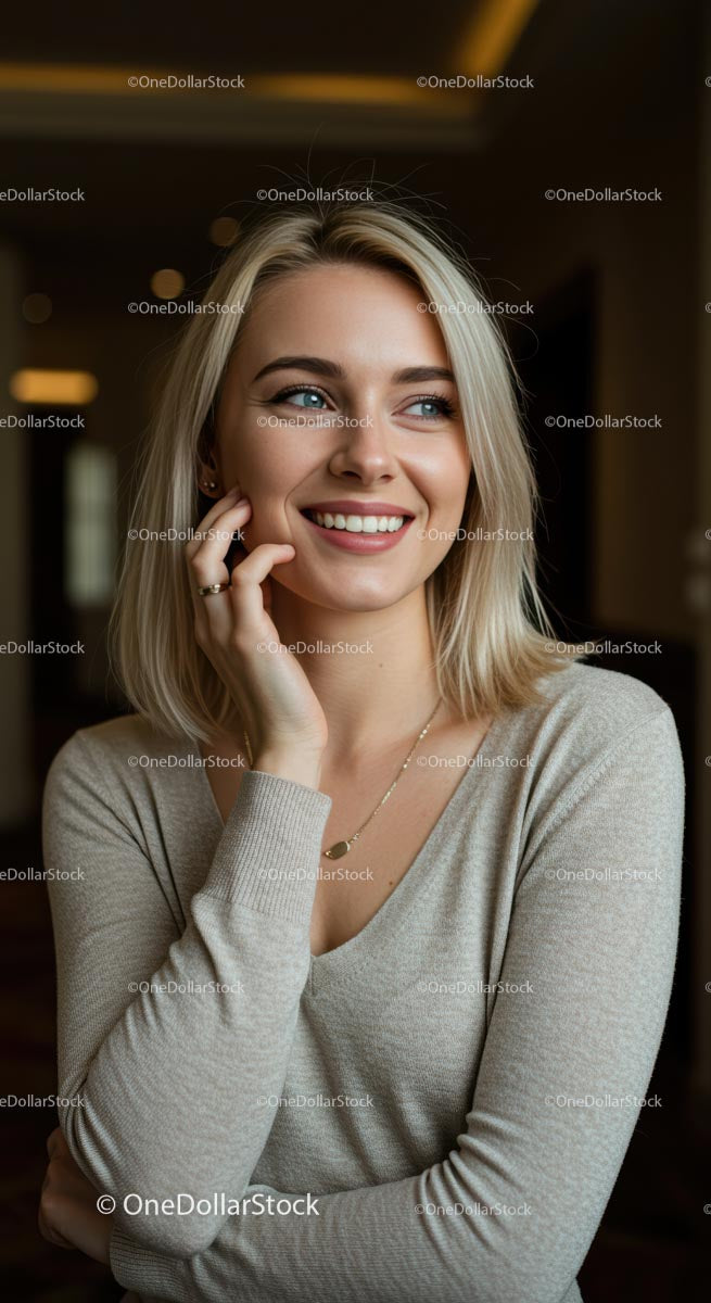 Uśmiechnięta kobieta z blond włosami w przytulnym swetrze