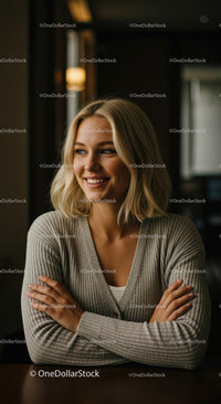 Smiling Woman in Cozy Sweater with Blonde Hair