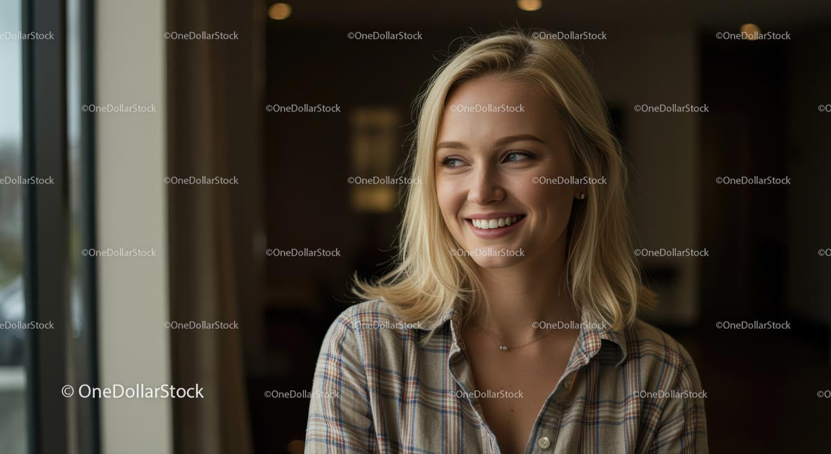 Uśmiechnięta blondynka w kraciastej koszuli przy oknie