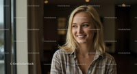 Smiling Blonde Woman in a Plaid Shirt by the Window