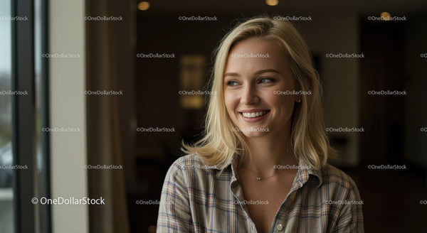 Smiling Blonde Woman in a Plaid Shirt by the Window