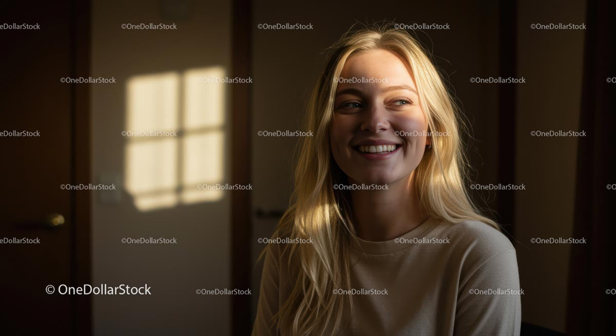 Uśmiechnięta blondynka w oświetlonym słońcem pokoju