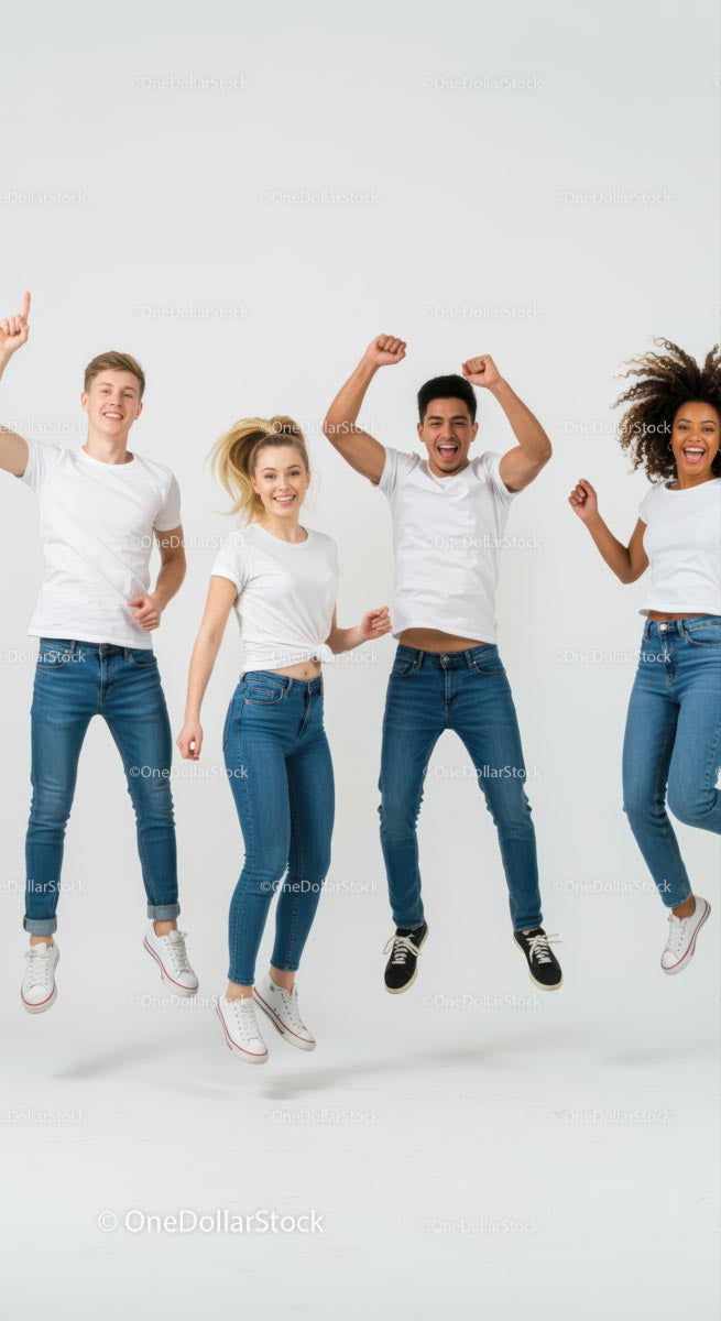 Diverse Group Jumping with Joy in Casual Outfits