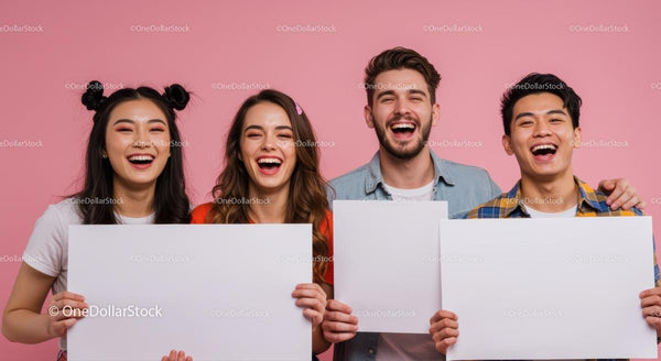 Group of Happy Friends with Blank Signs on Pink Background