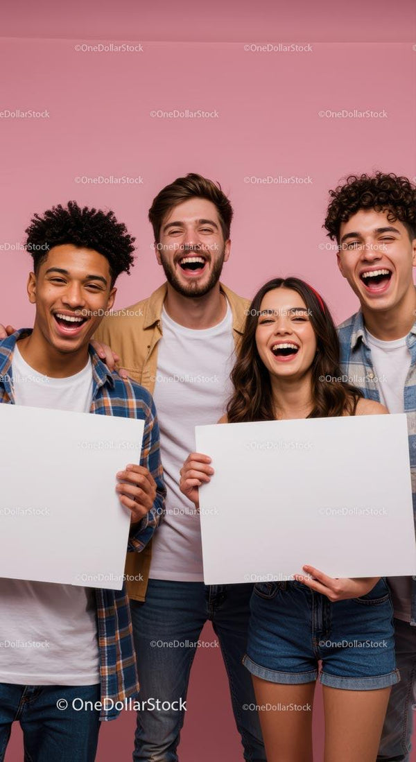 Cheerful Group of Friends Laughing Together with Blank Signs