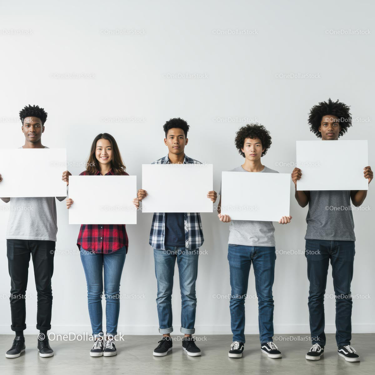 Diverse Group Holding Blank Signs on a White Background