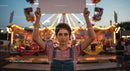 Young Woman Holding Blank Sign at Vibrant Carnival