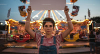 Young Woman Holding Blank Sign at Vibrant Carnival