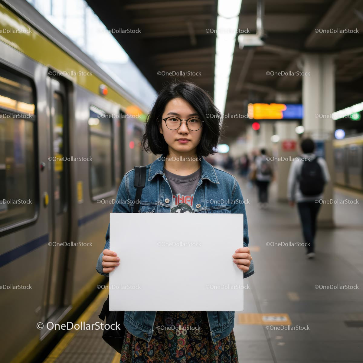 Young Woman Holding Blank Sign at Busy Train Station