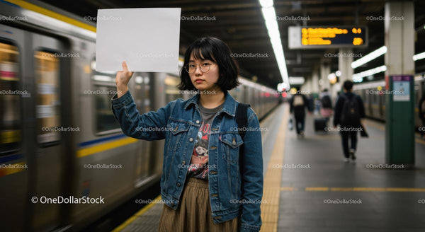 Woman Holding Blank Sign in Subway Station