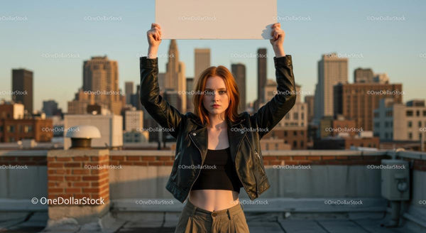 Pewna siebie kobieta na dachu trzymająca pusty znak o zachodzie słońca