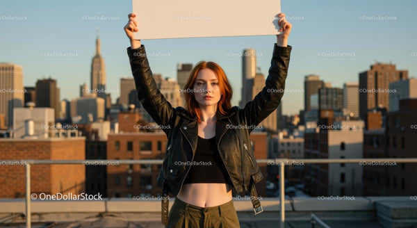 Confident Woman Holding Blank Sign on City Rooftop