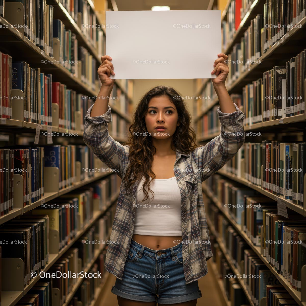 Young Woman Holding Blank Sign in a Library