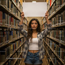 Young Woman Holding Blank Sign in a Library