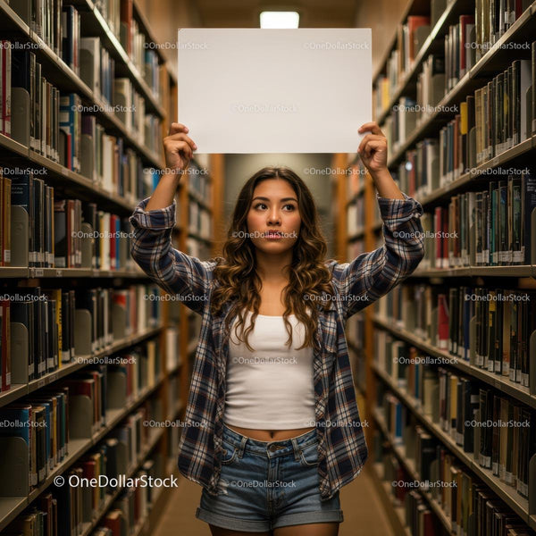 Young Woman Holding Blank Sign in Library Aisle