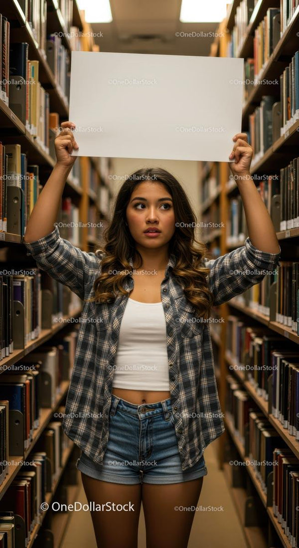 Young Woman Holding Blank Sign in Library Aisle