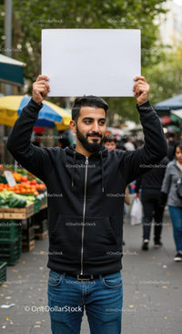 Man Holding Blank Sign in Vibrant Street Market