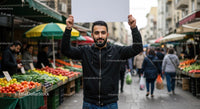 Man Holding Blank Sign at Bustling Street Market