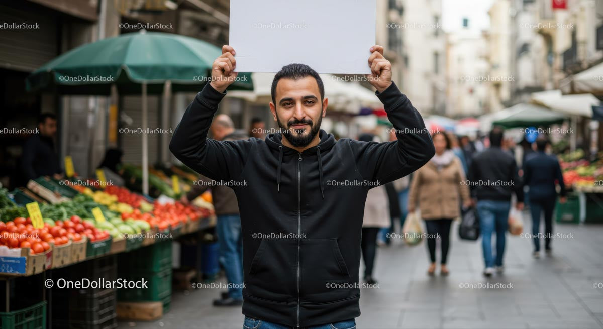 Man Holding Blank Sign in Bustling Market Street