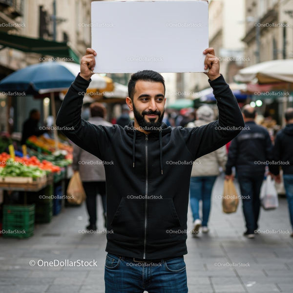 Man Holding Blank Sign in Vibrant City Market