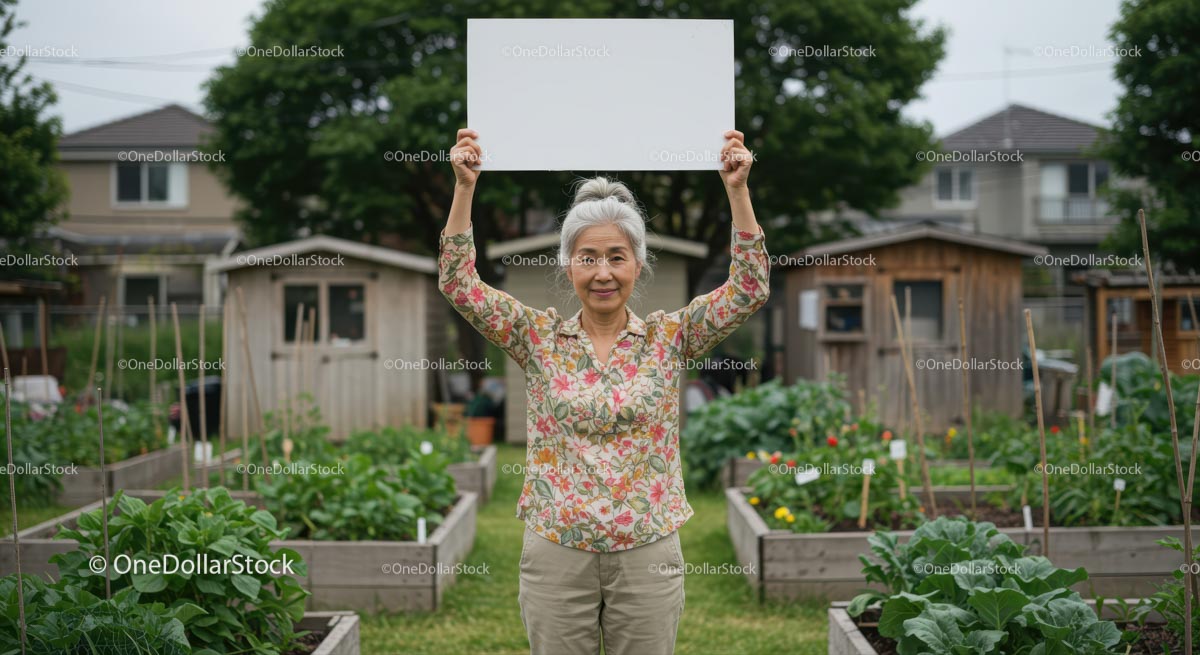 Elderly Woman Holding Sign in Lush Vegetable Garden