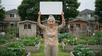 Elderly Woman Holding Sign in Lush Vegetable Garden