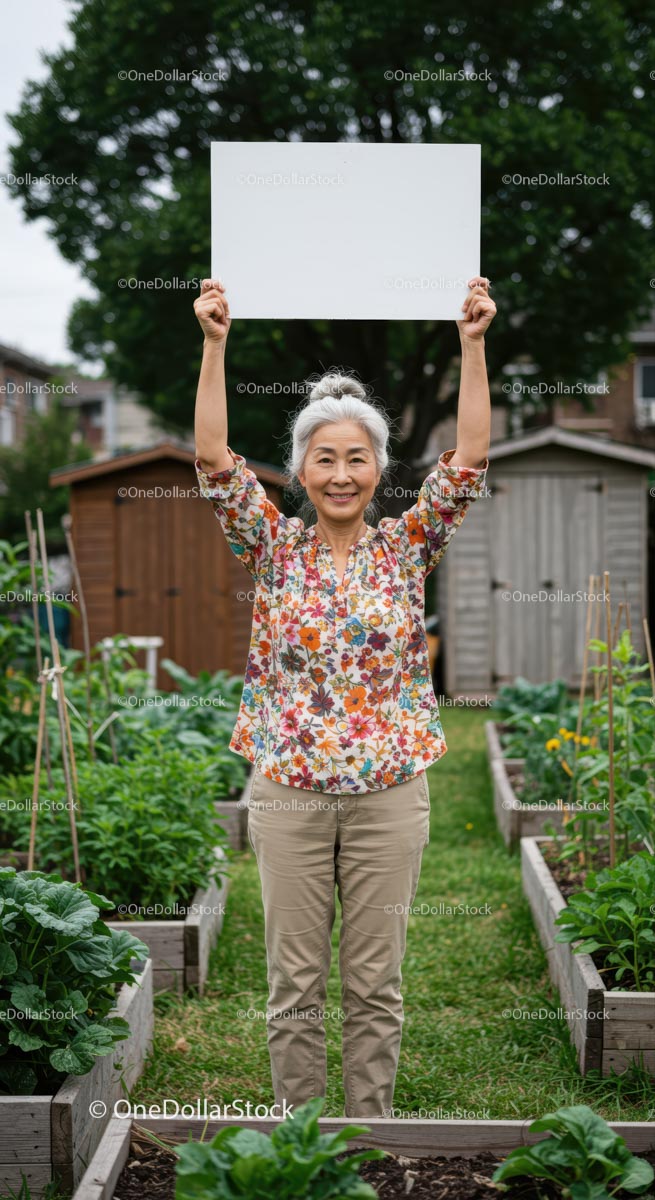 Elderly Woman Holding Sign in Lush Home Garden