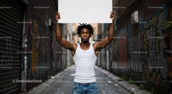 Young Man Holding Blank Sign in Graffiti Alley