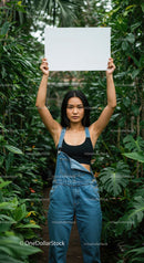 Woman in Denim Holding Sign Among Lush Greenery