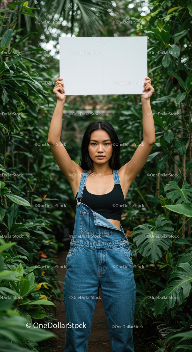Woman in Denim Holding Sign Among Lush Greenery