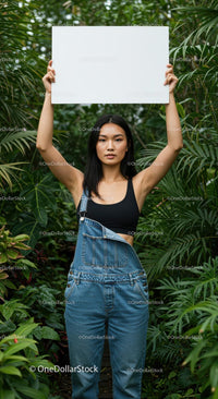 Woman in Denim Overalls Holding Blank Sign in Lush Garden