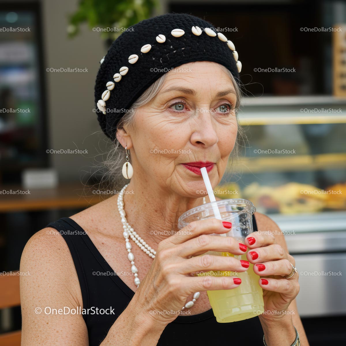 Senior Woman Enjoying Refreshing Drink at Outdoor Cafe