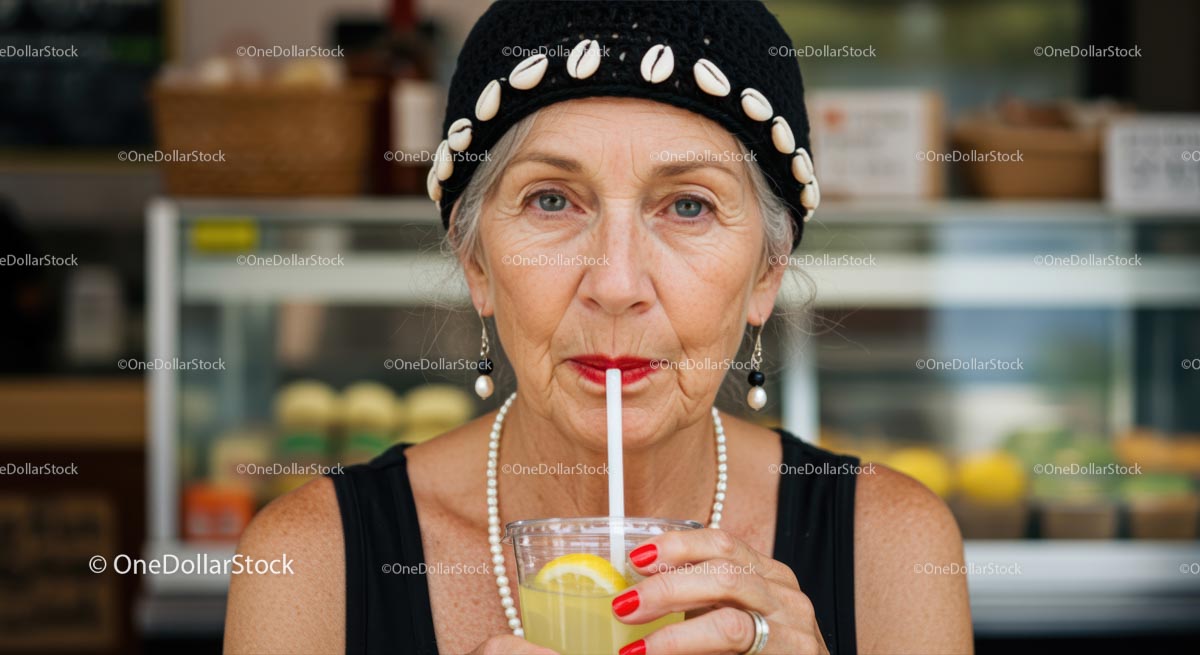 Elderly Woman Enjoying a Refreshing Lemonade in Style
