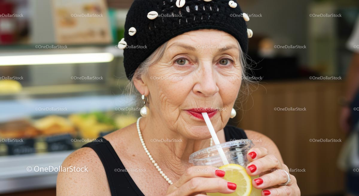 Elegant Senior Woman Sipping Lemonade at Outdoor Cafe