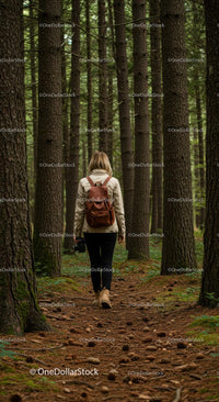 Woman Walking Through Serene Pine Forest