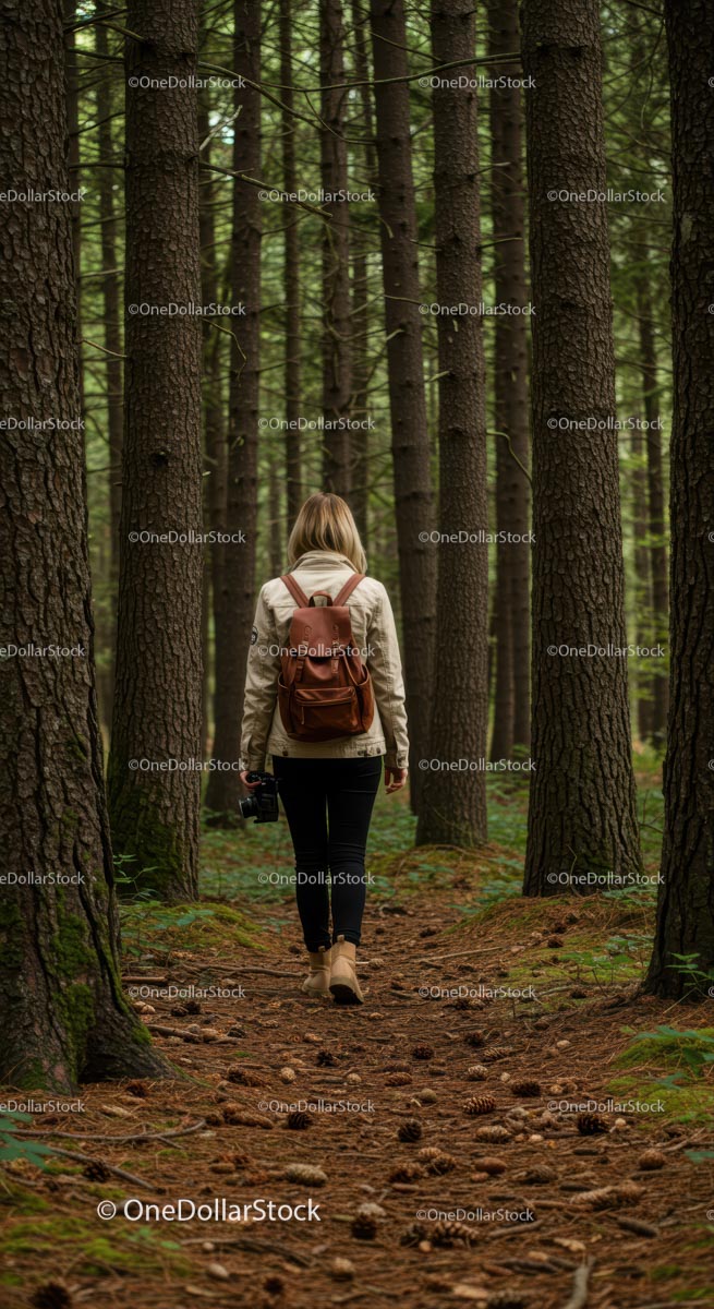 Woman Walking Through Serene Pine Forest