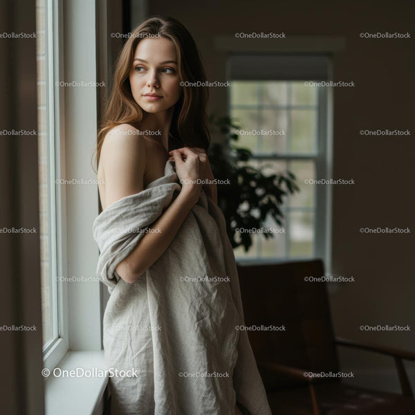 Thoughtful Woman Wrapped in Blanket by Window