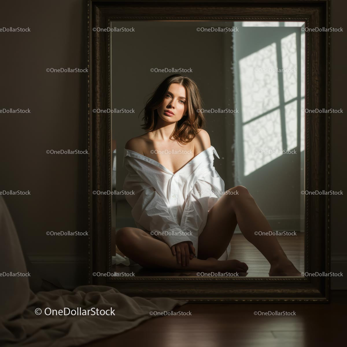 Pensive Woman in White Shirt Reflecting in a Mirror